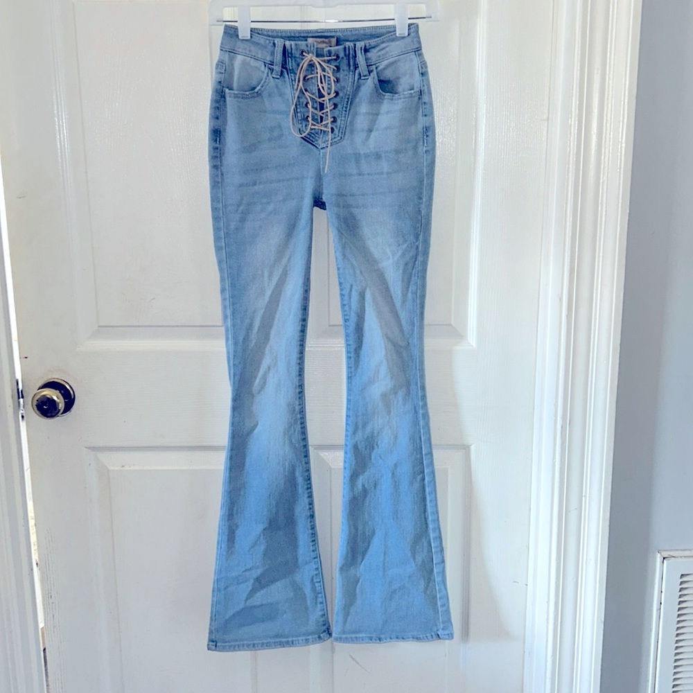 Wonderly Urban Cowboy Light Wash High Rise Boot Cut Jeans With Tie Closure